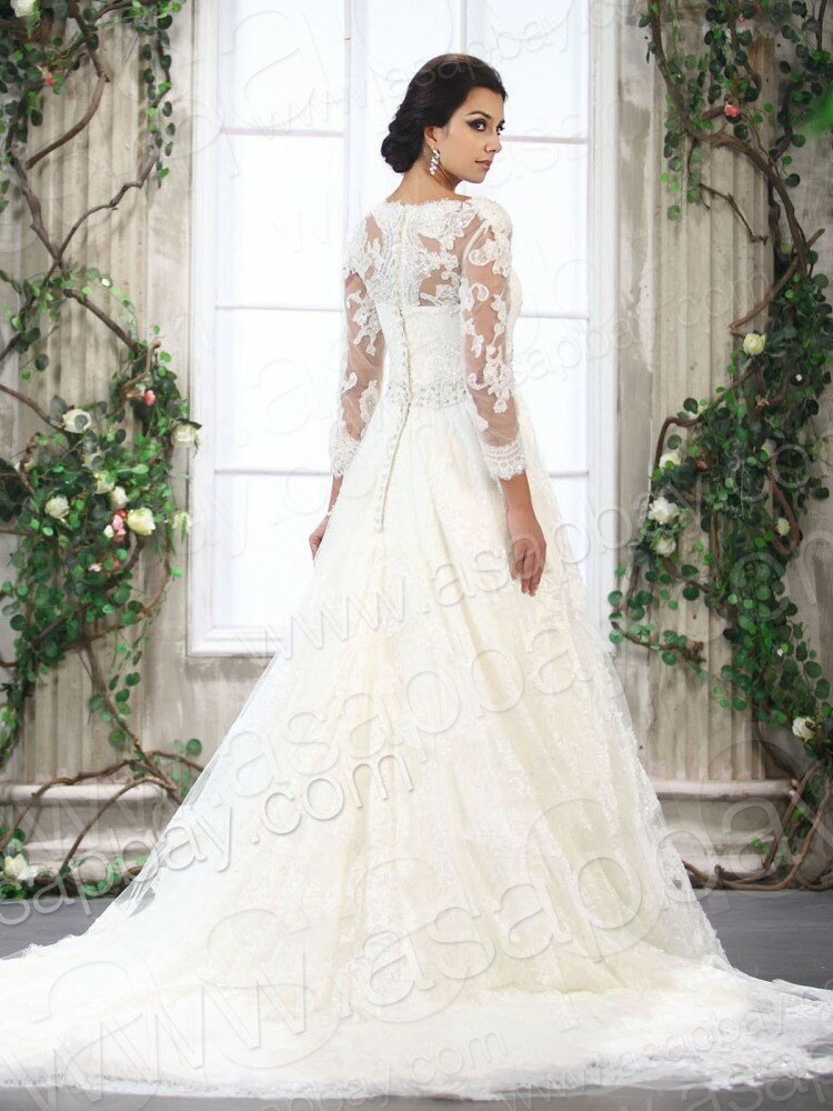 A line lace wedding dresses with sleeves Photo - 5